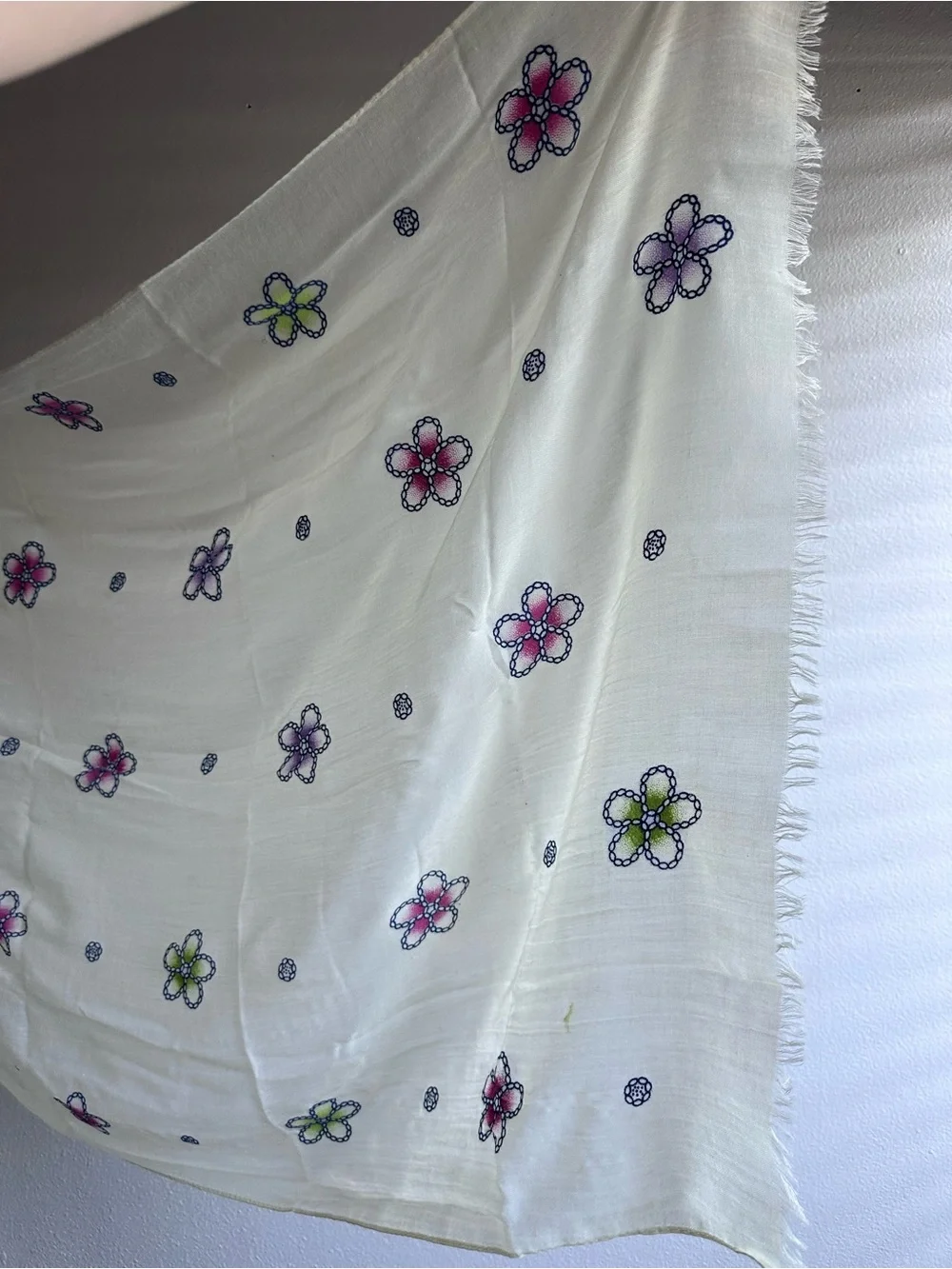 Lightweight Floral Embroidered Scarf - White with Pink & Green Flowers
